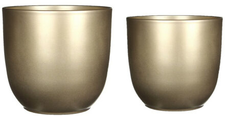 Mica Decorations Plantenpot/bloempotten set - 2x stuks - keramiek - goud - D22 en D25 cm - Plantenpotten Goudkleurig