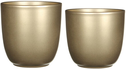 Mica Decorations Plantenpot/bloempotten set - 2x stuks - keramiek - goud - D25 en D31 cm