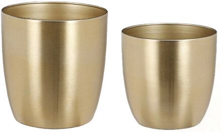 Mica Decorations Plantenpot/Bloempotten set - 2x stuks - metaal - goud - D13 en D16 cm - Plantenpotten Goudkleurig