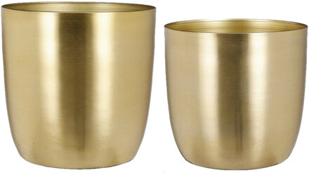 Mica Decorations Plantenpot/bloempotten set - 2x stuks - metaal - goud - D22 en D24 cm