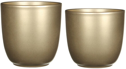 Mica Decorations Plantenpot/bloempotten set - 4x stuks - keramiek - goud - D12 en D14.5 cm