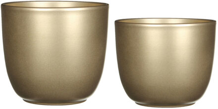 Mica Decorations Plantenpot/bloempotten set - 4x stuks - keramiek - goud - D12 en D17 cm