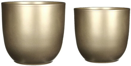 Mica Decorations Plantenpot/bloempotten set - 4x stuks - keramiek - goud - D19 en D22 cm