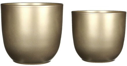 Mica Decorations Plantenpot/bloempotten set - 4x stuks - keramiek - goud - D25 en D31 cm