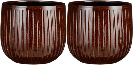 Mica Decorations Plantenpot keramiek - 2x stuks - bruin glans/ribbels - D25/H20cm