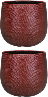 Mica Decorations Plantenpot - Set van 2x stuks - bordeaux rood - keramiek - 19x21 cm