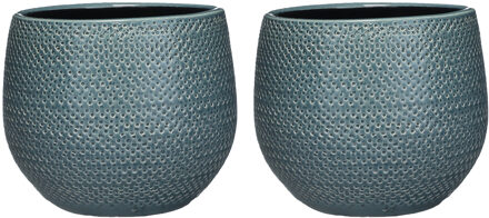 Mica Decorations Plantenpot - Set van 3x stuks - blauw - geribbeld - 18 x 16 cm
