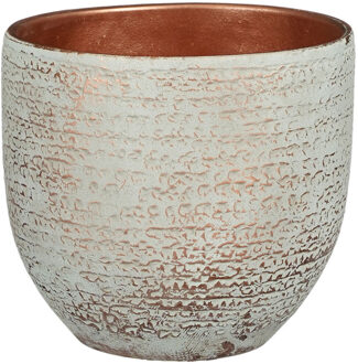 Mica Decorations Plantenpot - terracotta - koper/wit - D16/H14 cm - Plantenpotten Bruin