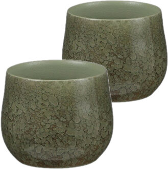 Mica Decorations Plantenpotten/bloempotten 2 stuks van terracotta in het groen shadow D16 en H13 cm - Plantenpotten
