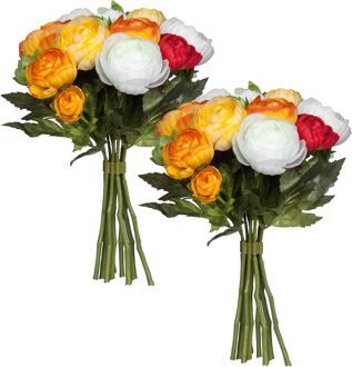 Mica Decorations Ranunculus/ranonkel boeket - 2x - oranje/rood - kunstbloemen - 22 cm - bruidsboeket