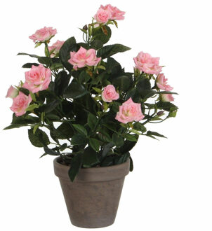 Mica Decorations Roze Rosa/rozen kunstplant 33 cm in grijze pot