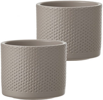 Mica Decorations Set van 2x stuks bloempot in het relief taupe keramiek voor kamerplant H10 x D12 cm - Plantenpotten