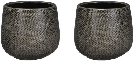 Mica Decorations Set van 2x stuks bloempotten antraciet ribbels keramiek voor kamerplant H12 x D14 cm