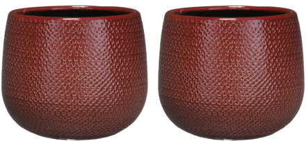Mica Decorations Set van 2x stuks bloempotten bordeaux rood ribbels keramiek voor kamerplant H16 x D18 cm