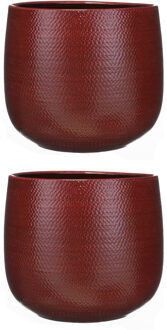 Mica Decorations Set van 2x stuks bloempotten bordeaux rood ribbels keramiek voor kamerplant H25 x D29 cm - Plantenpotten