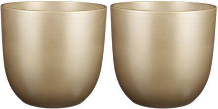 Mica Decorations Set Van 2x Stuks Bloempotten Goud Keramiek Voor Kamerplant H28.5 X D31 Cm - Plantenpotten Goudkleurig