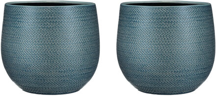 Mica Decorations Set van 2x stuks bloempotten midnight blauw ribbels keramiek voor kamerplant H25 x D29 cm