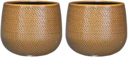 Mica Decorations Set van 2x stuks bloempotten okergeel ribbels keramiek voor kamerplant H16 x D18 cm