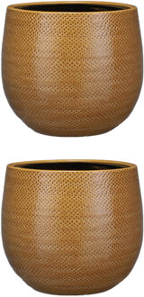 Mica Decorations Set van 2x stuks bloempotten okergeel ribbels keramiek voor kamerplant H20 x D25 cm - Plantenpotten