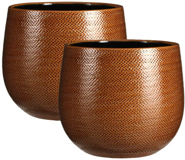 Mica Decorations Set van 2x stuks bloempotten okergeel ribbels keramiek voor kamerplant H25 x D29 cm