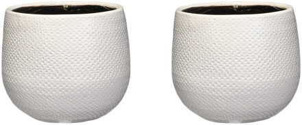 Mica Decorations Set van 2x stuks bloempotten wit ribbels keramiek voor kamerplant H14 x D16 cm - Plantenpotten