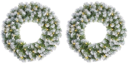 Mica Decorations Set van 2x stuks groene kerstkransen met 30 LED lampjes en sneeuw 60 cm - Kerstkransen