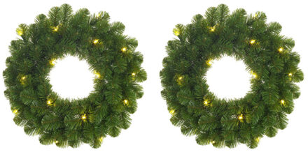 Mica Decorations Set van 2x stuks groene kerstkransen met verlichting 30 LED lampjes 60 cm - Kerstkransen