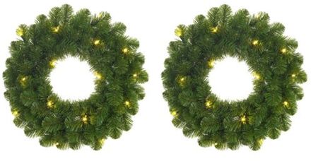 Mica Decorations Set van 2x stuks groene kerstkransen met verlichting 30 LED lampjes 60 cm - Kerstkransen