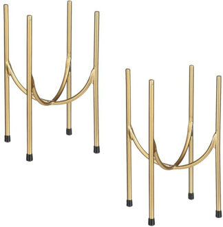 Mica Decorations Set van 2x stuks plantenpot/bloempot plantenstandaard/verhoger goud metaal 32 x 21 cm