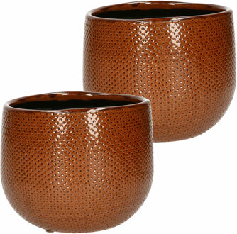 Mica Decorations Set van 3x stuks bloempotten bruin ribbels keramiek voor kamerplant H14 x D16 cm