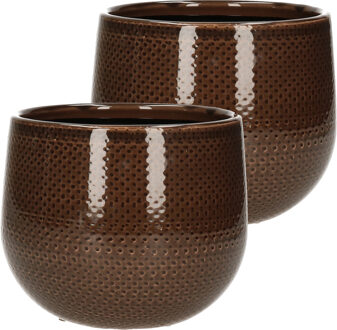 Mica Decorations Set van 3x stuks bloempotten bruin ribbels keramiek voor kamerplant H14 x D16 cm