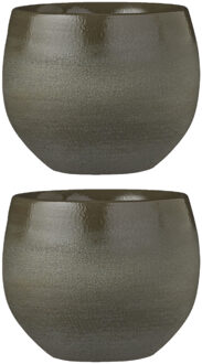 Mica Decorations Set van 3x stuks bloempotten donkergroen keramiek voor kamerplant H13 x D16 cm