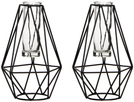 Mica Decorations Vaas - 2x stuks - zwart - metaal - diamant vaasje met glas - 11x10x17 cm