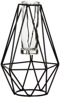 Mica Decorations Vaas - zwart - metaal - diamant vaasje met glas - 11x10x17 cm