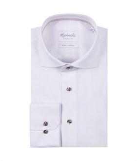 Michaelis Overhemd met donkere knopen en bruine band in kraag - maat 43 (XL) Wit