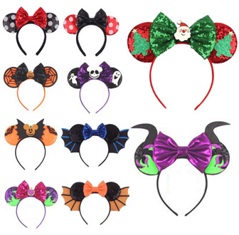 Mickey Headband Halloween Festival Cosplay Women Girl's 3.3" Mouse Ear Sequins Hairband Handmade DIY Hair Accessories Headwear