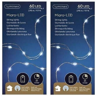 Micro Draadverlichting - 2x - 60 leds - timer - helder wit - 95 cm - kerstverlichting