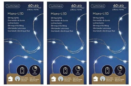 Micro Draadverlichting - 3x - 60 leds - timer - helder wit - 95 cm - kerstverlichting