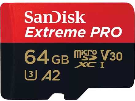 MicroSDXC Extreme PRO 64GB 200/90 mb/s - A2 - V30 - SDA - Rescue Pro DL 2Y Micro SD-kaart Zwart