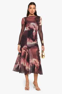 Midaxi-Jurk Met Opengesneden Halslijn, Bloemenprint Op Mesh-Stof En Godetzoom, Plum - 46