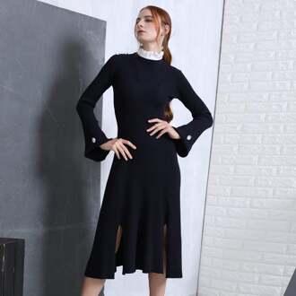 Midi geplooide kraag-gebreide jurk Blauw - L