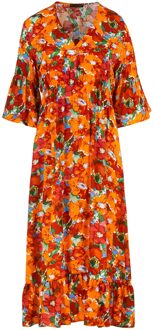 Midi jurk met bloemmotief en ruches Oranje - L