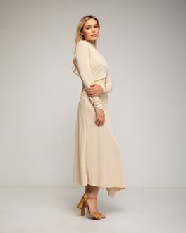 Midi-jurk met rimpels opzij Beige