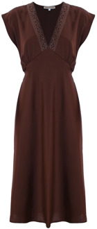 Midi jurk met V-hals en kanten details Kocca , Brown , Dames - 2Xl,Xl,L,M,S,Xs