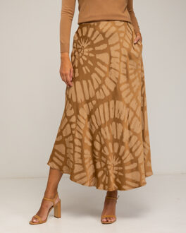 Midi-jurk met zijde, geometrische print - maat Camel