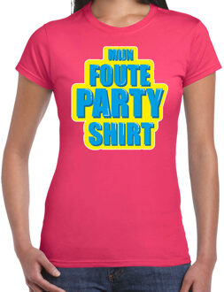 Mijn foute partyshirt fun tekst t-shirt voor dames roze met blauwe opdruk M