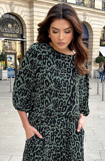 Mila Puff Sleeve Top Leopard Army Legergroen