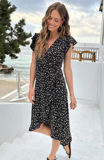 Mille Fleur Midi Jurk Zwart
