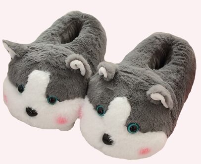 Millffy Leuke Warme Hond Slipper Grijs Husky Dier Winter Huisvloer Zachte Dier Slippers Vrouwelijke Slipper Meisjes Winter Warme Schoenen 11