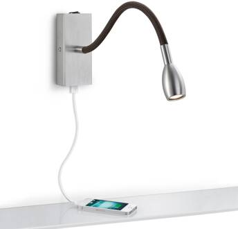 Milos nikkel LED wandlamp met USB oplaadpoort mat nikkel, zwart